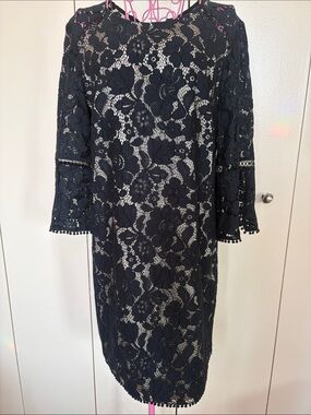Vince Camuto Navy Floral Lace Long Sleeve Shift Dress